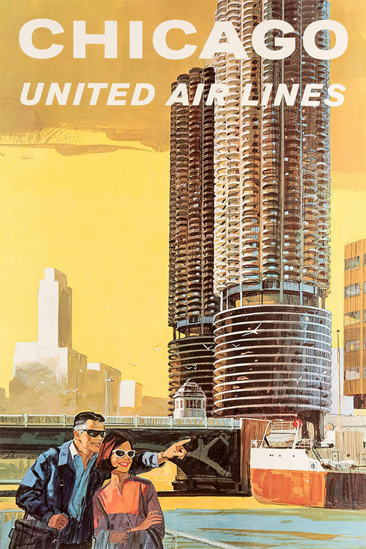 United Airlines Chicago Vintage Travel Poster Wall Art Print Home Wall Decor