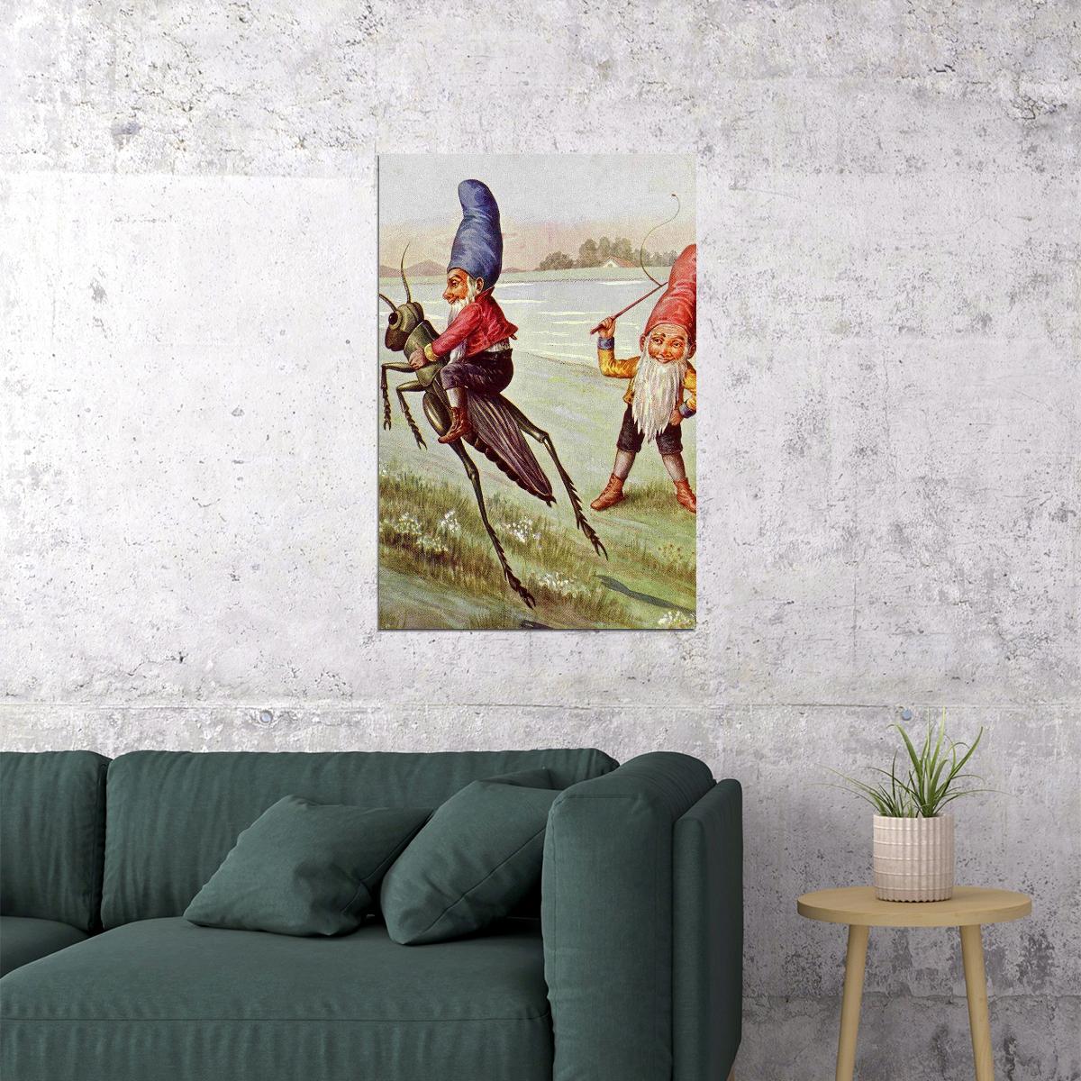 Elves On A Grasshopper Painting Fantasy Bugs Poster Wall Art Print Home Wall Decor