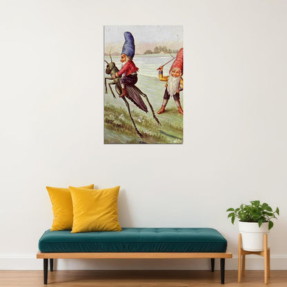 Elves On A Grasshopper Painting Fantasy Bugs Poster Wall Art Print Home Wall Decor