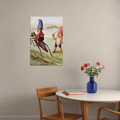 Elves On A Grasshopper Painting Fantasy Bugs Poster Wall Art Print Home Wall Decor