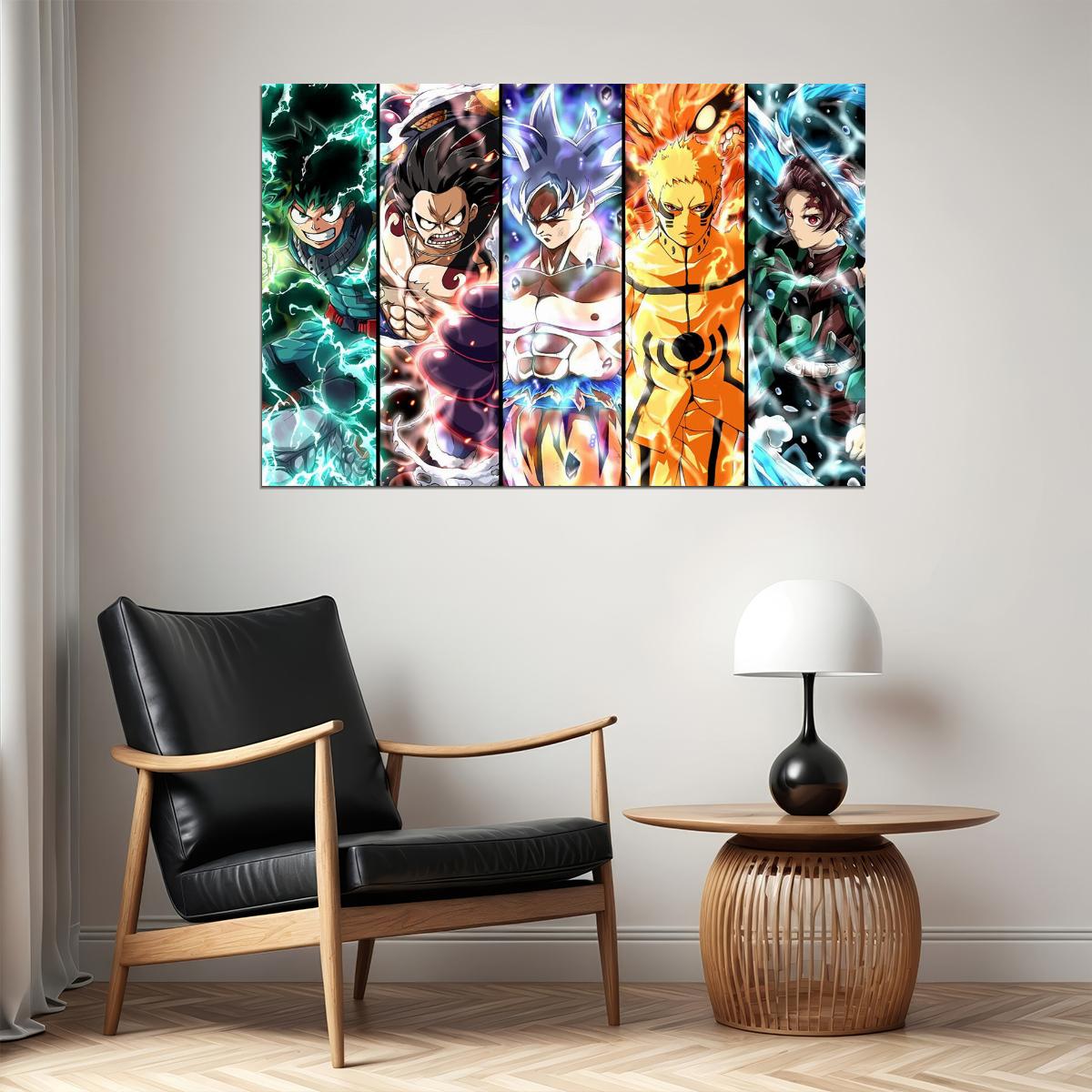 Izuku Luffy Goku Naruto Tanjiro Anime Collage Poster Wall Art Print Home Wall Decor