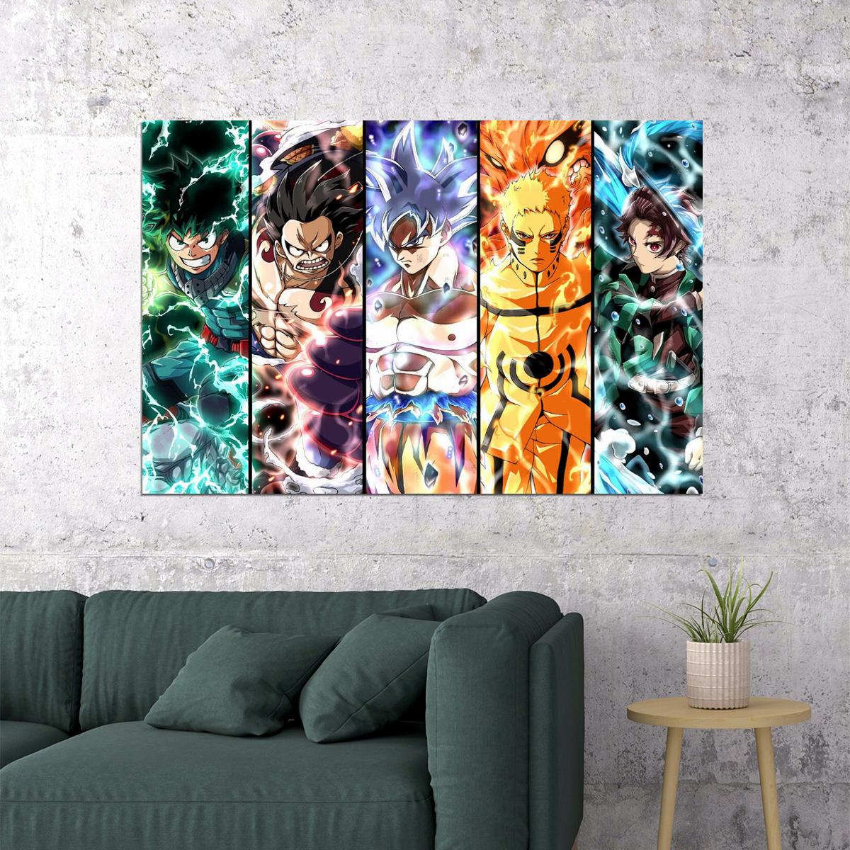 Izuku Luffy Goku Naruto Tanjiro Anime Collage Poster Wall Art Print Home Wall Decor