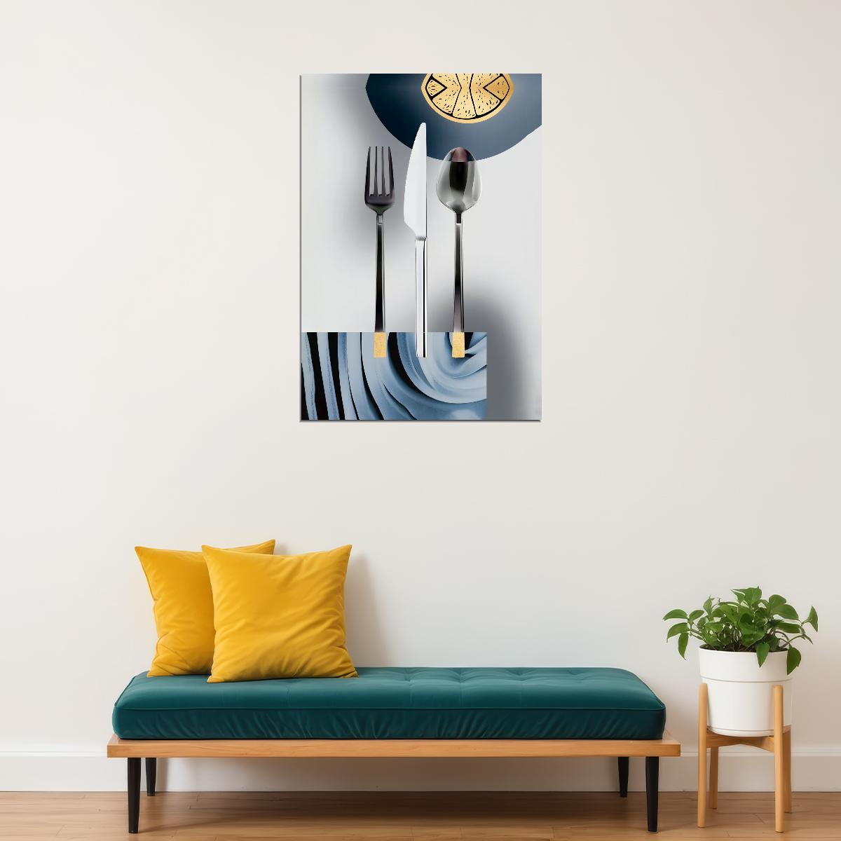 Modern Cutlery and Clock Poster Elegant Minimalist Kitchen Art Contemporary Wall Decor Print