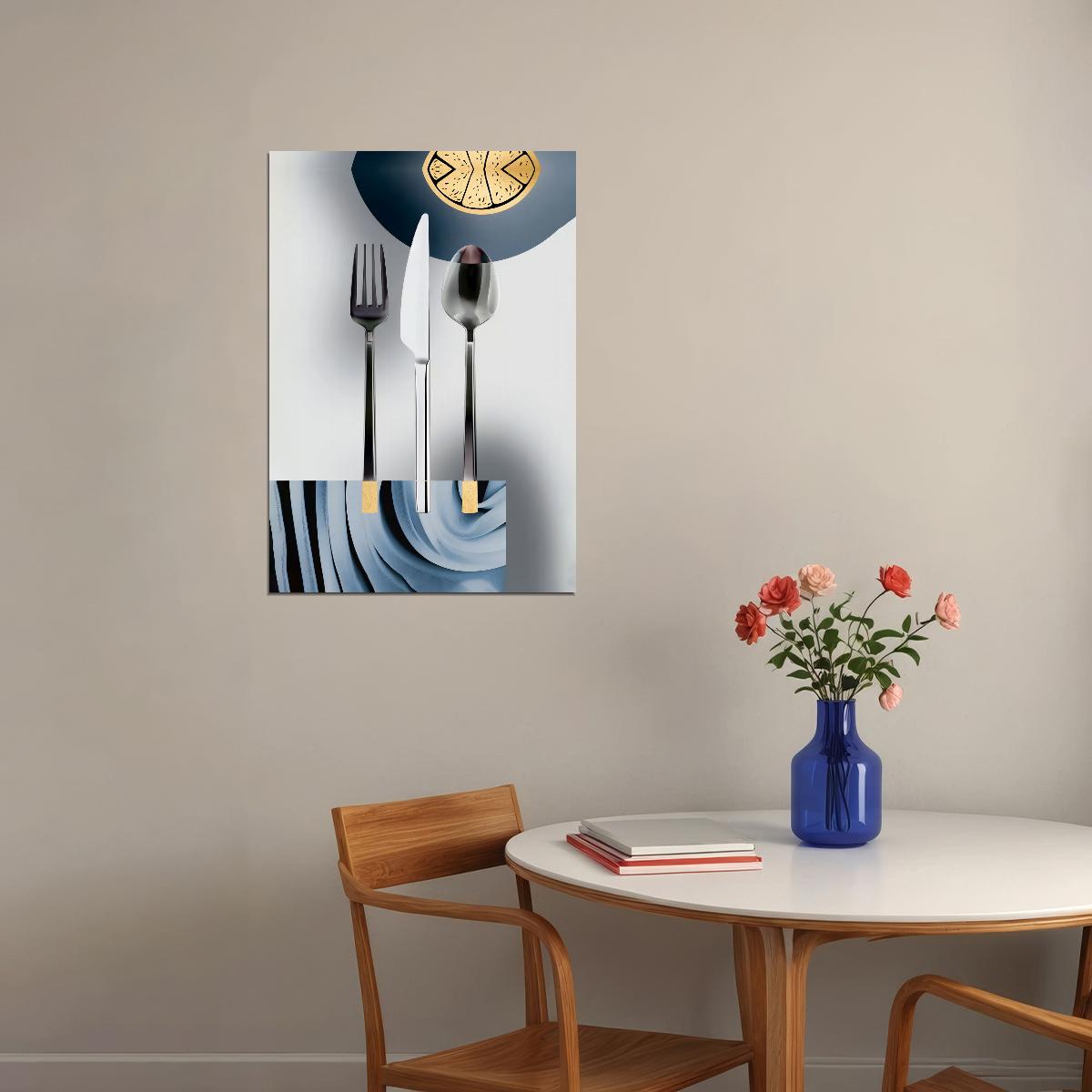 Modern Cutlery and Clock Poster Elegant Minimalist Kitchen Art Contemporary Wall Decor Print