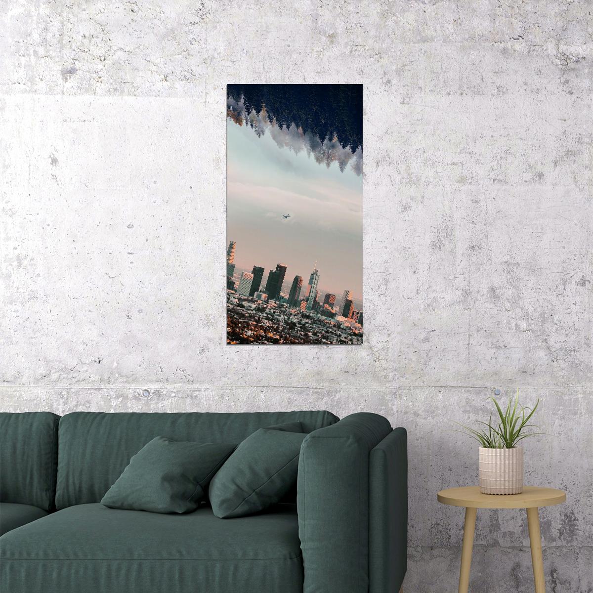 Los Angeles Upside Down Cityscape Poster Surreal Urban Landscape Modern Wall Art Print