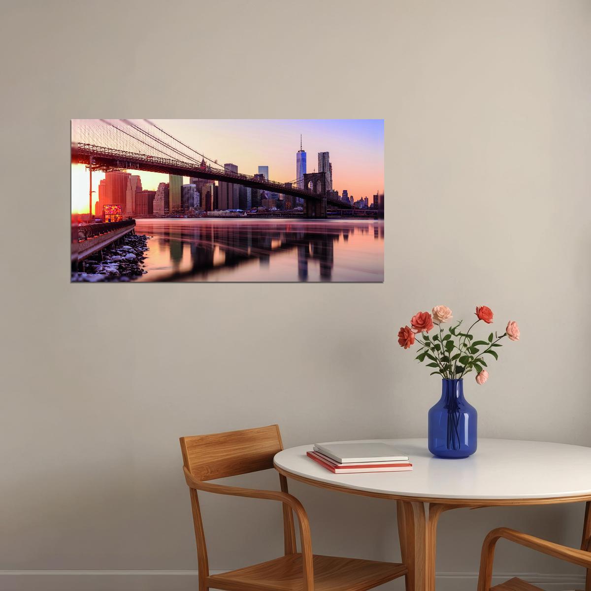 Brooklyn Bridge at Sunset Poster Iconic New York Cityscape Photography Urban Wall Decor Print