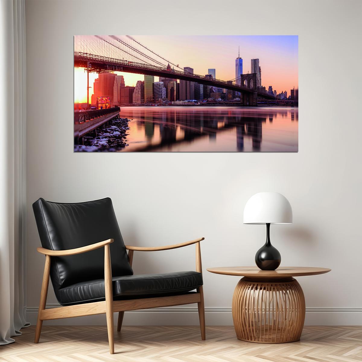 Brooklyn Bridge at Sunset Poster Iconic New York Cityscape Photography Urban Wall Decor Print