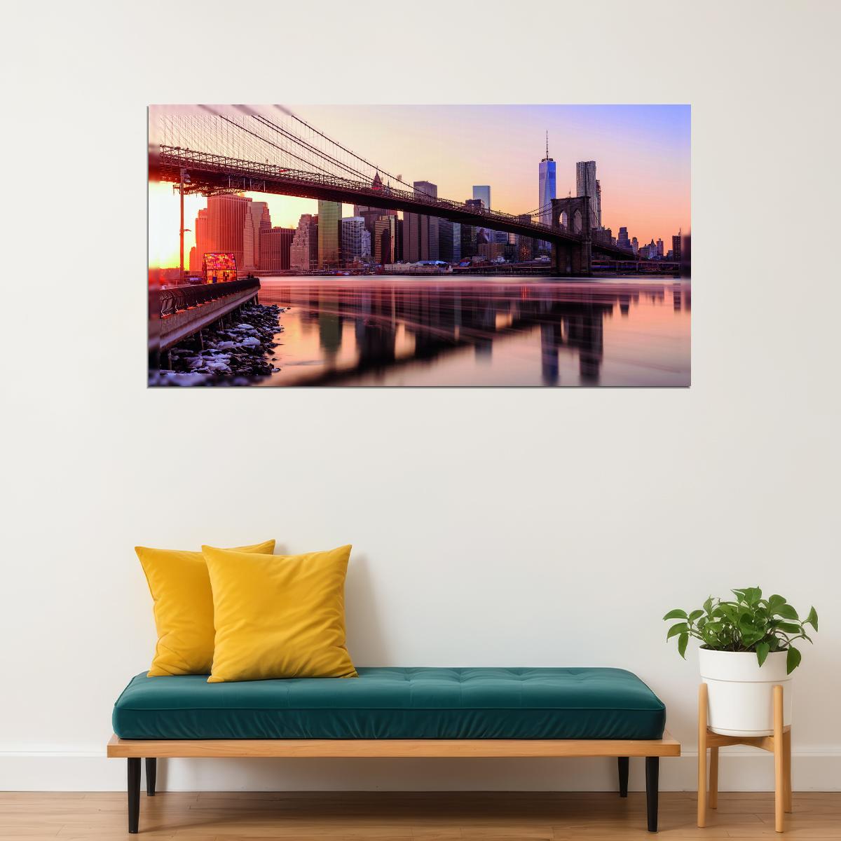 Brooklyn Bridge at Sunset Poster Iconic New York Cityscape Photography Urban Wall Decor Print