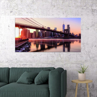 Brooklyn Bridge at Sunset Poster Iconic New York Cityscape Photography Urban Wall Decor Print