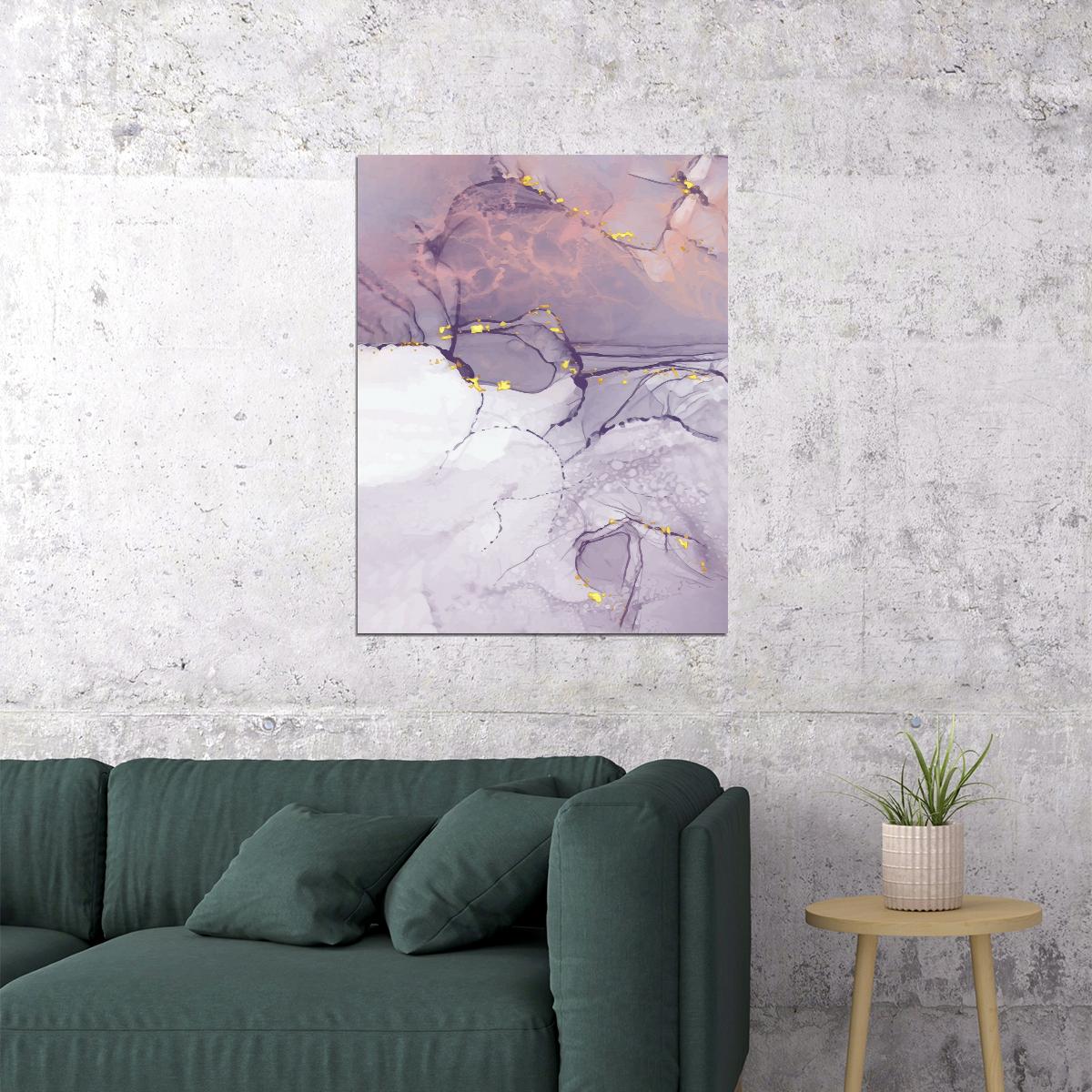 Dreamy Abstract Marble Poster Purple and White Gold Veins Modern Wall Art Decor Print