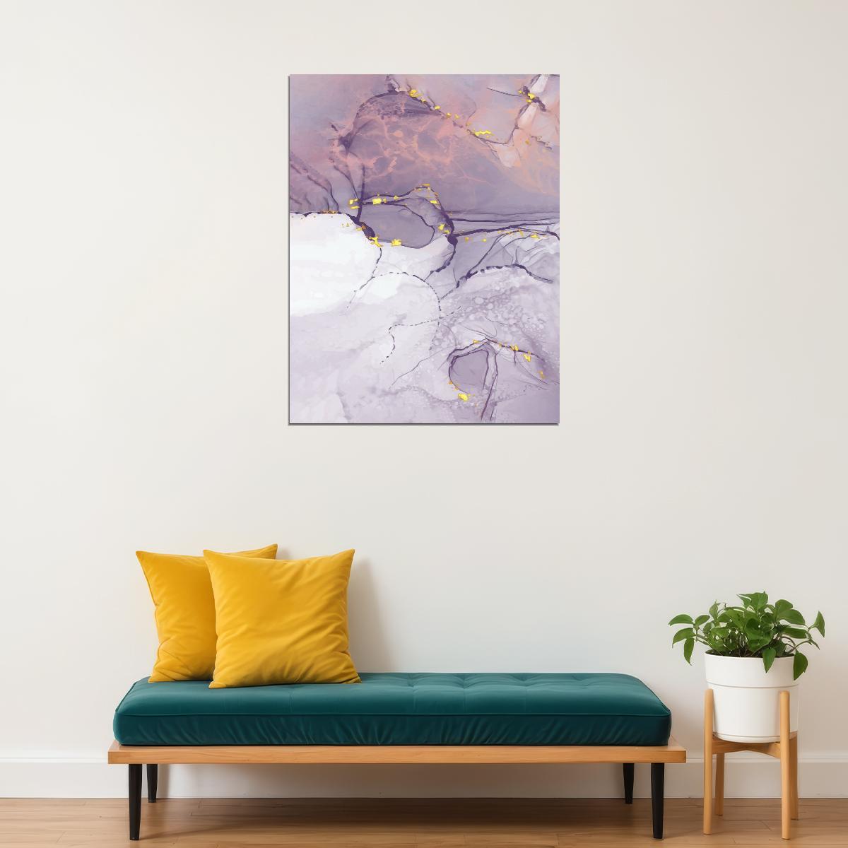 Dreamy Abstract Marble Poster Purple and White Gold Veins Modern Wall Art Decor Print