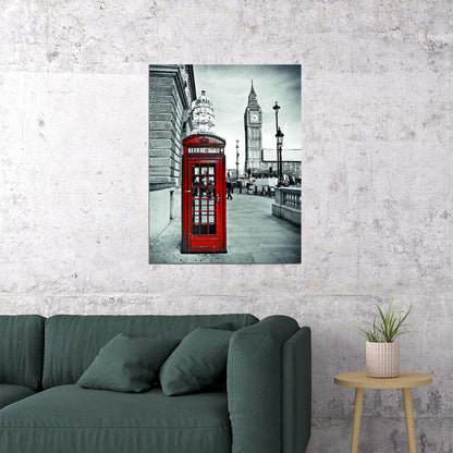 London Red Telephone Booth Poster Black and White Cityscape Iconic British Wall Art Print