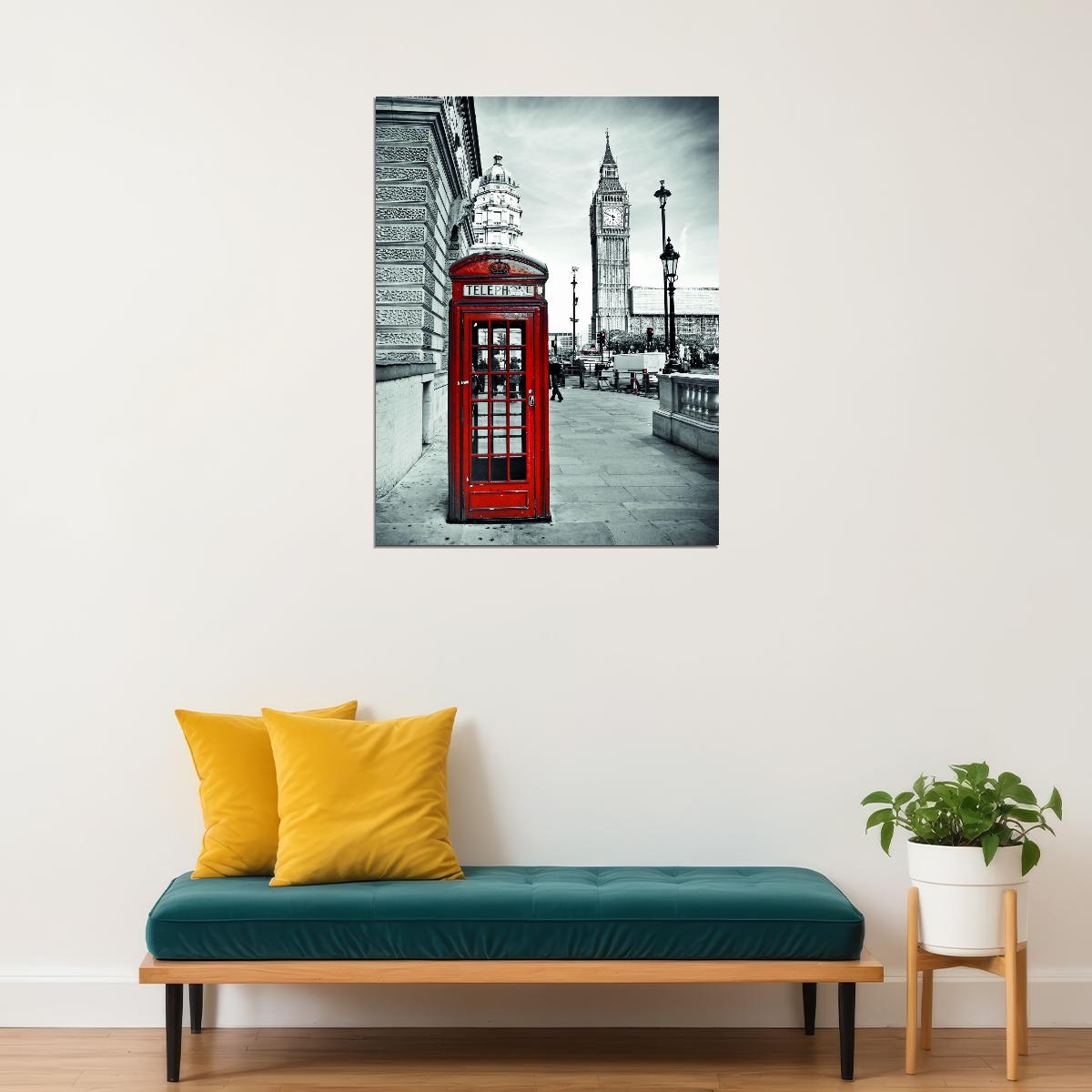 London Red Telephone Booth Poster Black and White Cityscape Iconic British Wall Art Print