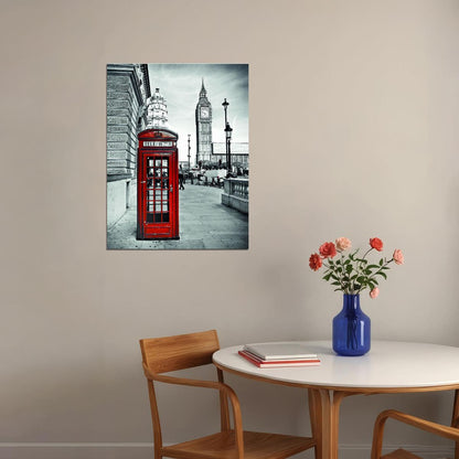 London Red Telephone Booth Poster Black and White Cityscape Iconic British Wall Art Print