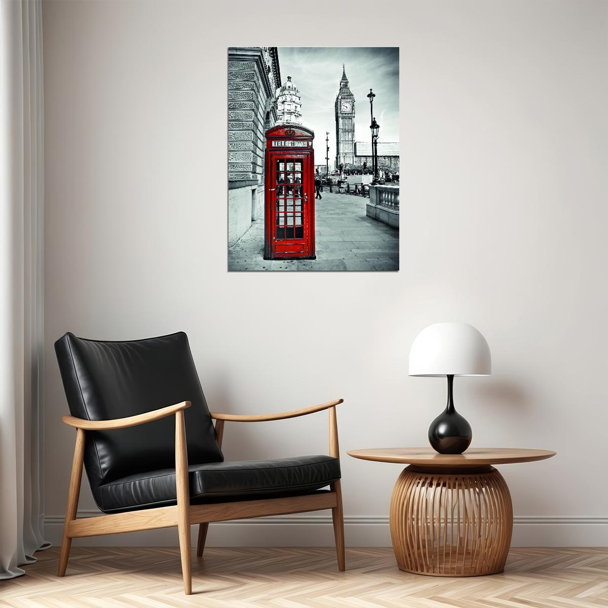 London Red Telephone Booth Poster Black and White Cityscape Iconic British Wall Art Print