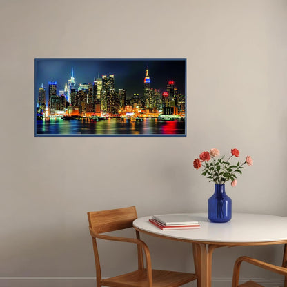 New York City Skyline Poster Vibrant Night Lights Urban Landscape Photography Wall Decor Print