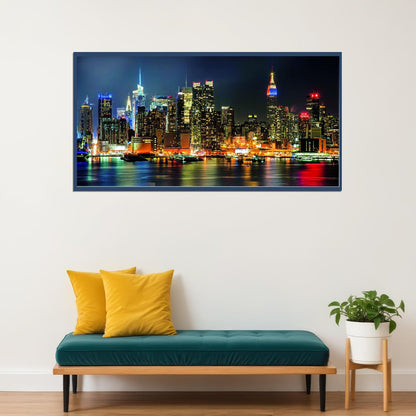 New York City Skyline Poster Vibrant Night Lights Urban Landscape Photography Wall Decor Print