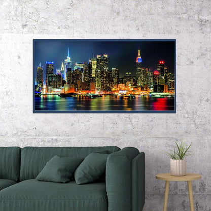 New York City Skyline Poster Vibrant Night Lights Urban Landscape Photography Wall Decor Print