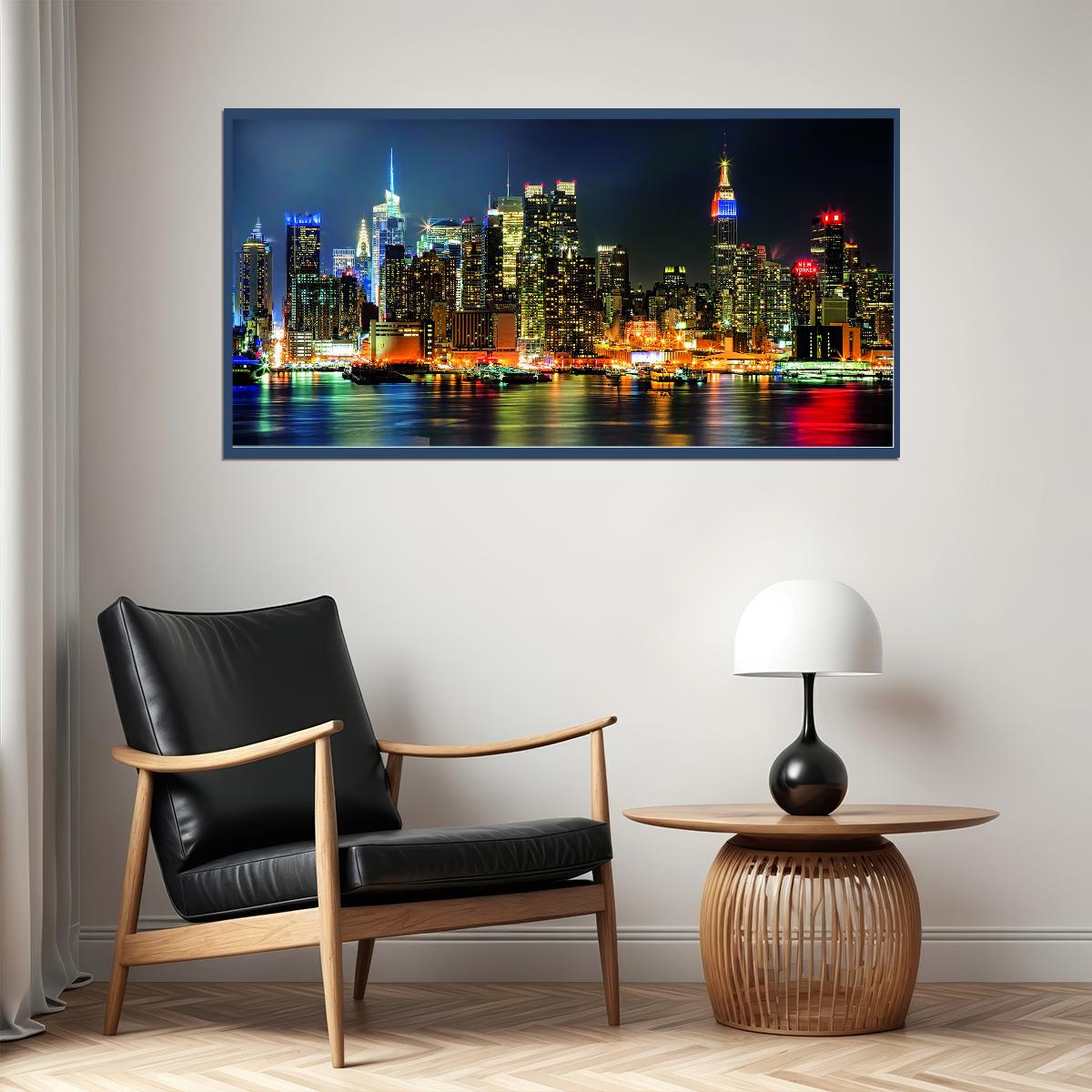 New York City Skyline Poster Vibrant Night Lights Urban Landscape Photography Wall Decor Print