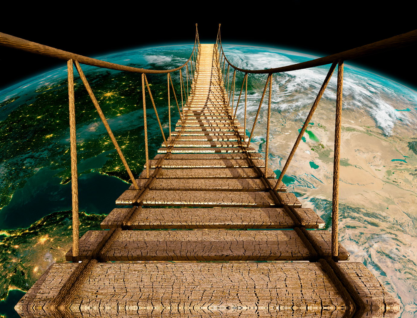 Suspension Bridge to Earth Poster Surreal Cosmic Adventure Nature Wall Art Print