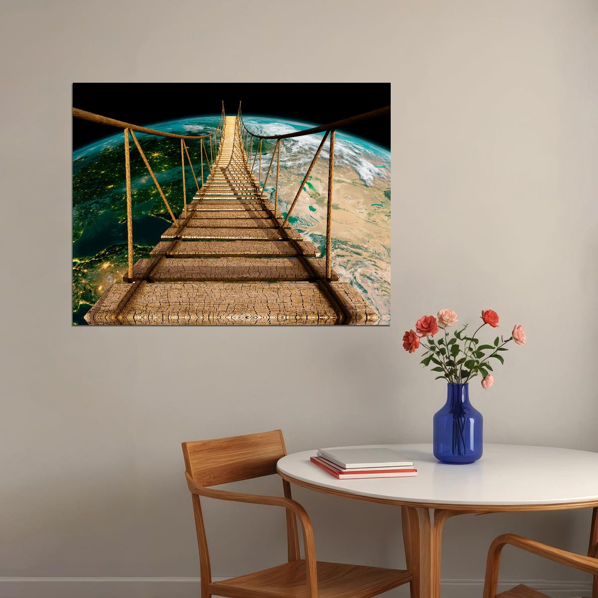 Suspension Bridge to Earth Poster Surreal Cosmic Adventure Nature Wall Art Print