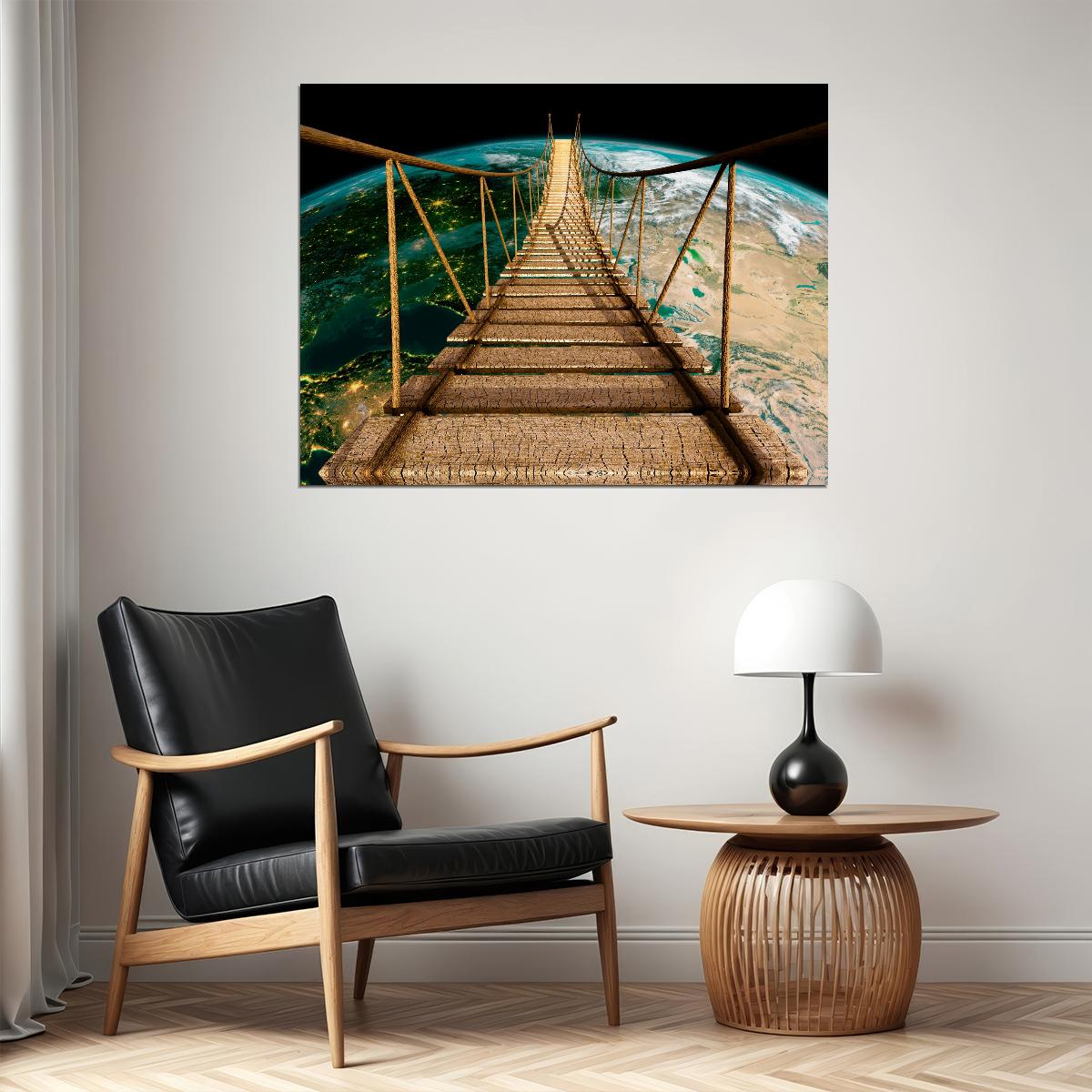 Suspension Bridge to Earth Poster Surreal Cosmic Adventure Nature Wall Art Print