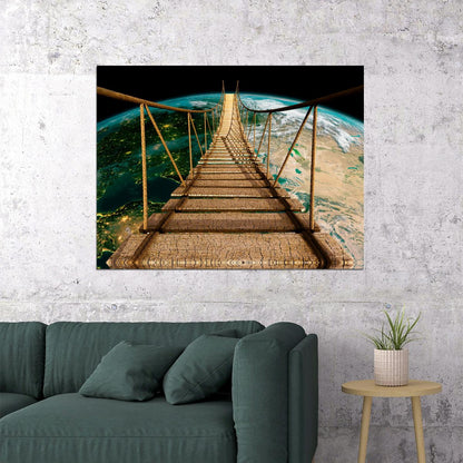 Suspension Bridge to Earth Poster Surreal Cosmic Adventure Nature Wall Art Print