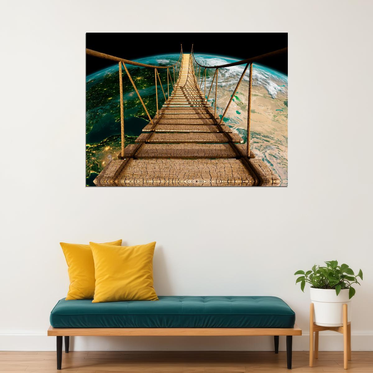 Suspension Bridge to Earth Poster Surreal Cosmic Adventure Nature Wall Art Print