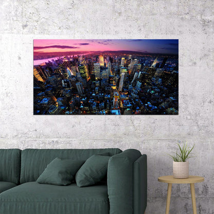 Aerial Cityscape at Dusk Poster Vibrant Urban Lights Skyline Photography Wall Art Print