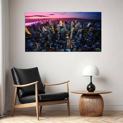 Aerial Cityscape at Dusk Poster Vibrant Urban Lights Skyline Photography Wall Art Print