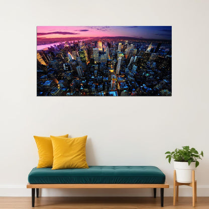 Aerial Cityscape at Dusk Poster Vibrant Urban Lights Skyline Photography Wall Art Print