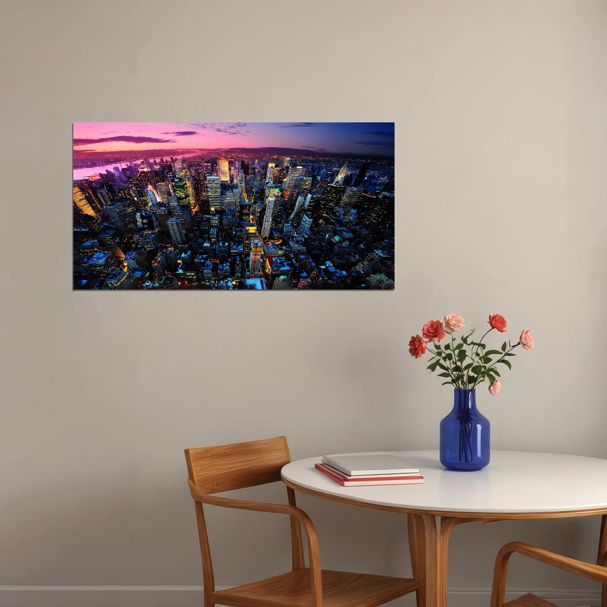 Aerial Cityscape at Dusk Poster Vibrant Urban Lights Skyline Photography Wall Art Print