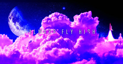 Fly High Cloudscape Poster Dreamy Purple Sky and Moon Inspirational Wall Art Print