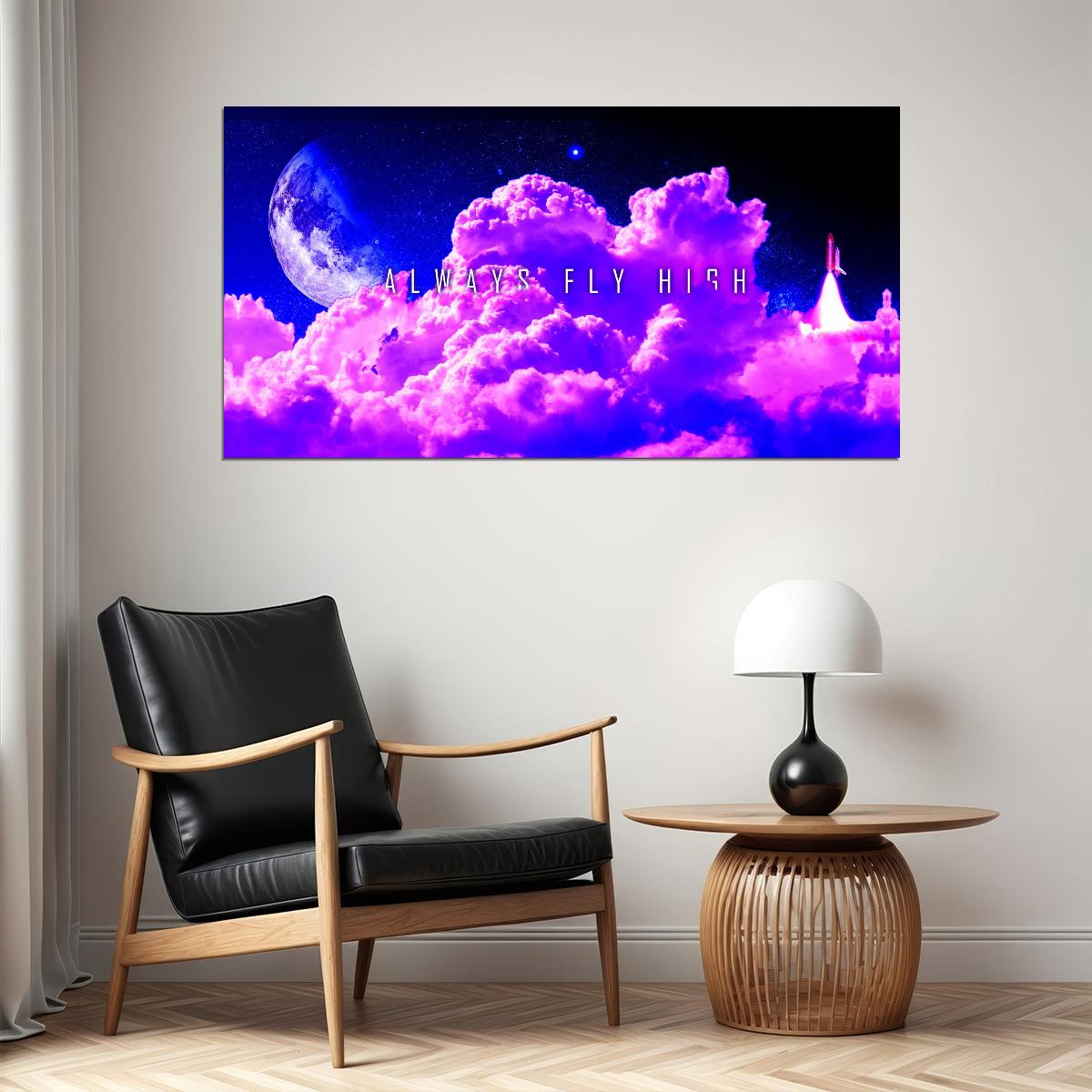 Fly High Cloudscape Poster Dreamy Purple Sky and Moon Inspirational Wall Art Print