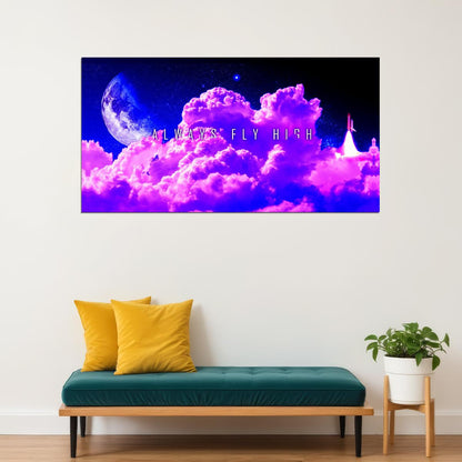 Fly High Cloudscape Poster Dreamy Purple Sky and Moon Inspirational Wall Art Print