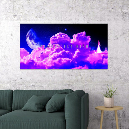 Fly High Cloudscape Poster Dreamy Purple Sky and Moon Inspirational Wall Art Print