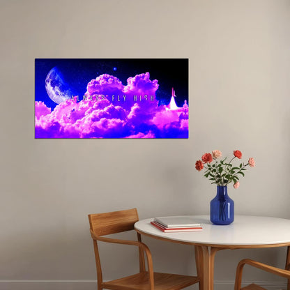 Fly High Cloudscape Poster Dreamy Purple Sky and Moon Inspirational Wall Art Print