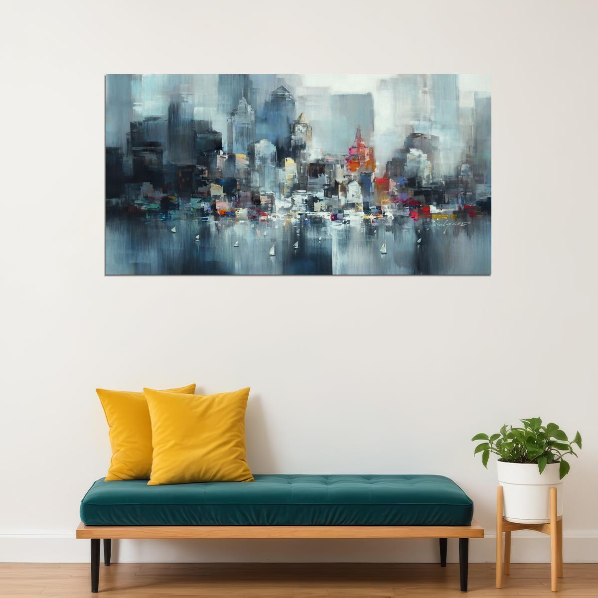 Abstract Cityscape Watercolor Poster Vibrant Urban Art Modern Impressionist Wall Decor Print