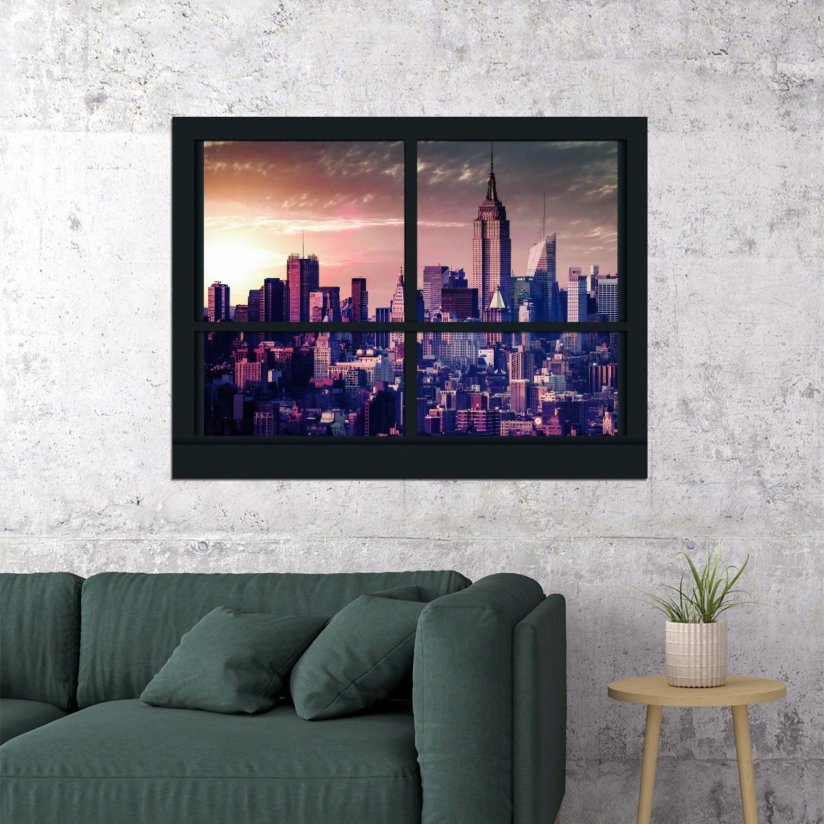 New York City Window View Poster Urban Skyline Photography Classic NYC Wall Art Print