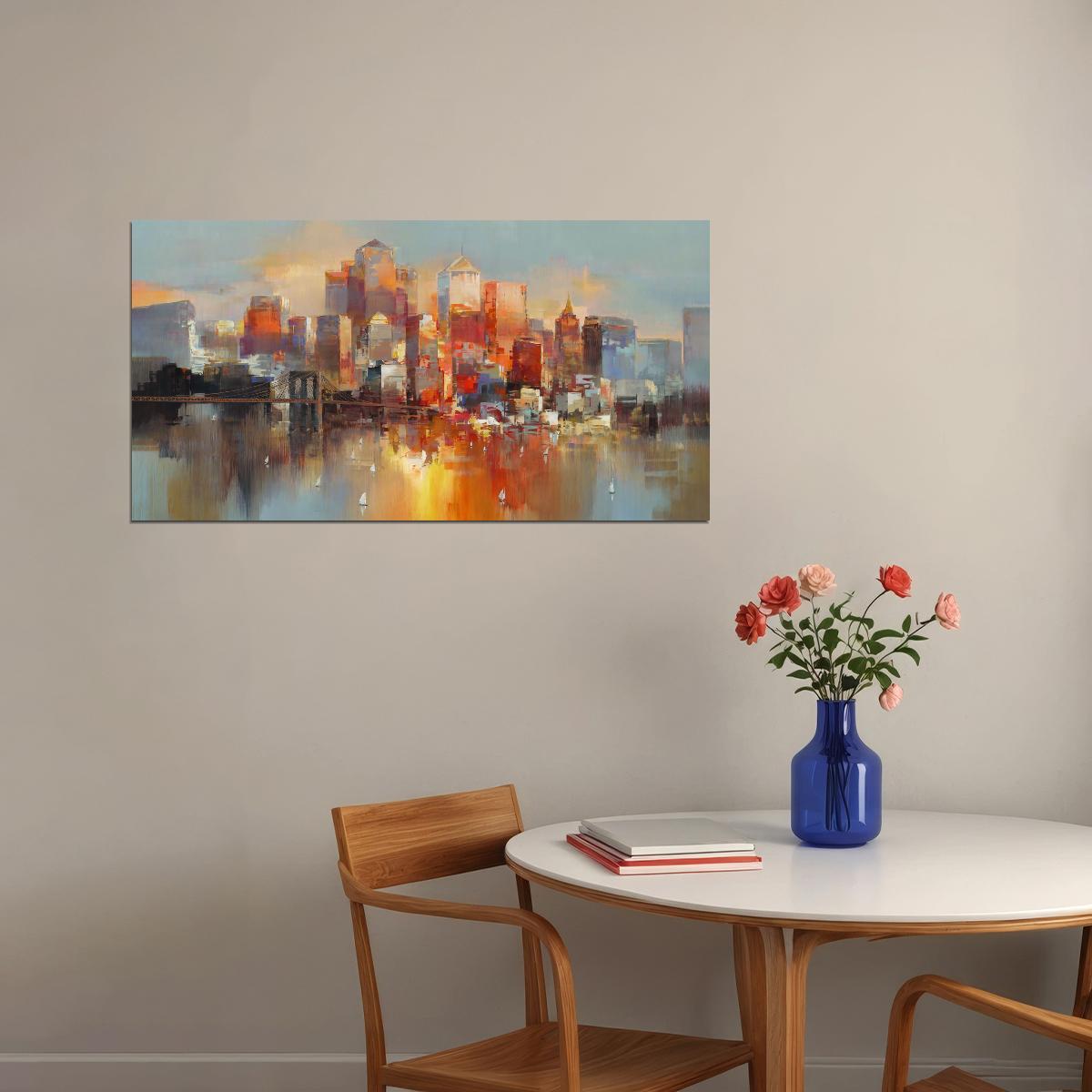 Sunset Cityscape Poster Abstract Urban Watercolor Modern Skyline Wall Art Decor Print