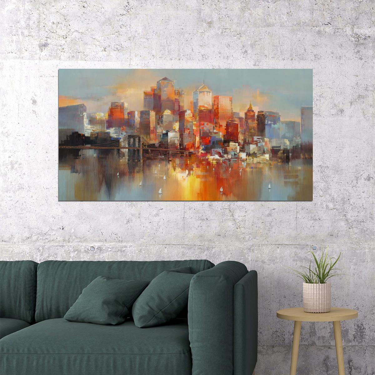 Sunset Cityscape Poster Abstract Urban Watercolor Modern Skyline Wall Art Decor Print