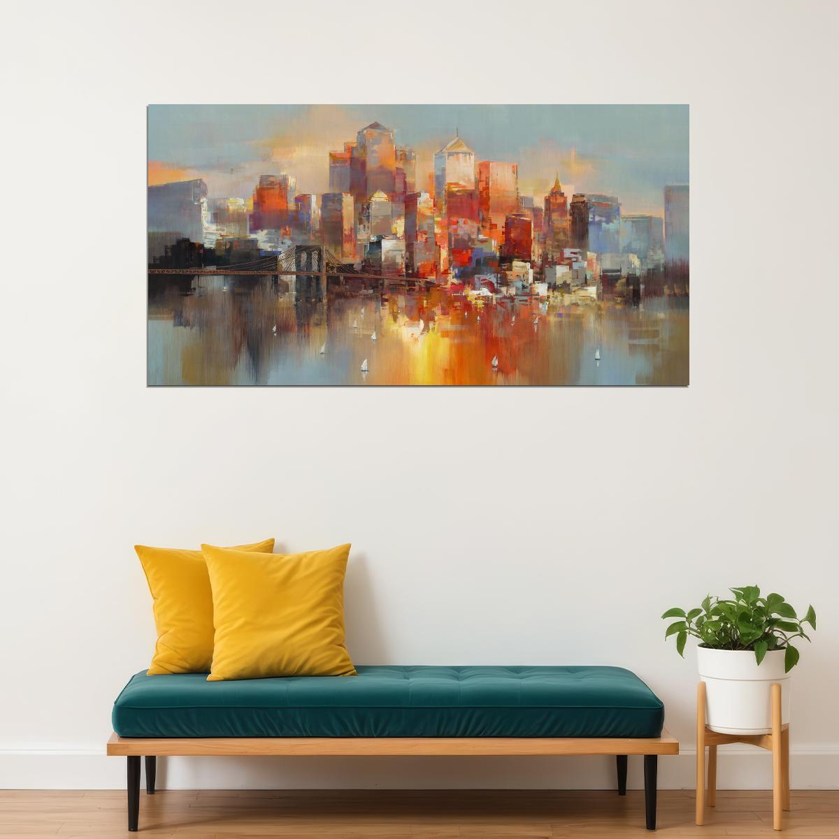 Sunset Cityscape Poster Abstract Urban Watercolor Modern Skyline Wall Art Decor Print