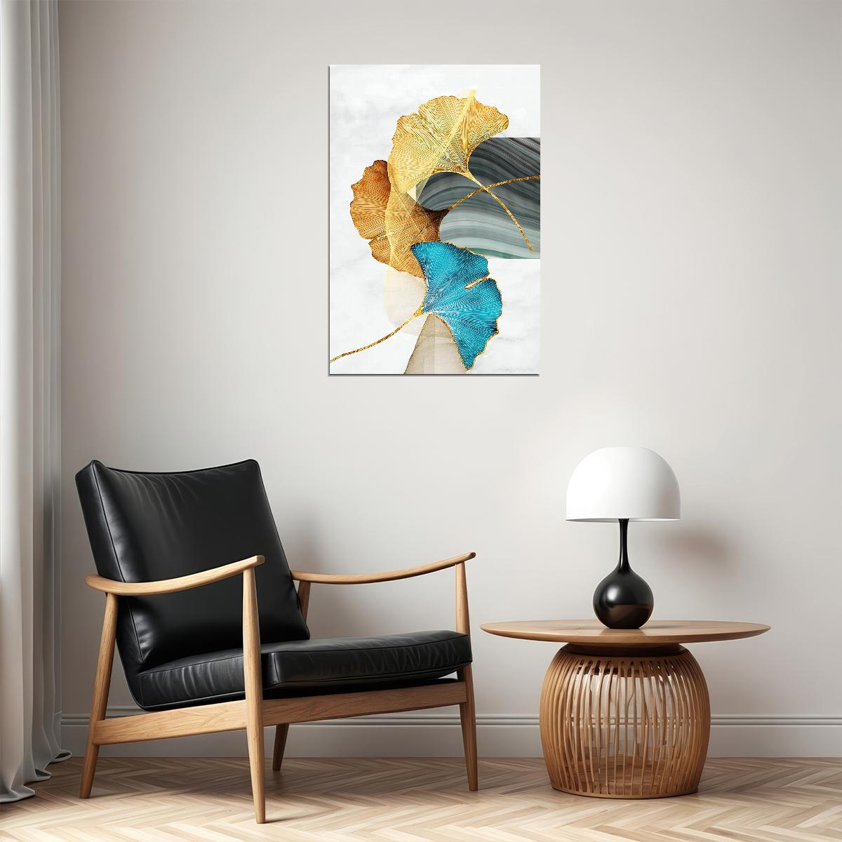 Elegant Ginkgo Leaf Poster Golden and Blue Botanical Nature Art Modern Wall Decor Print