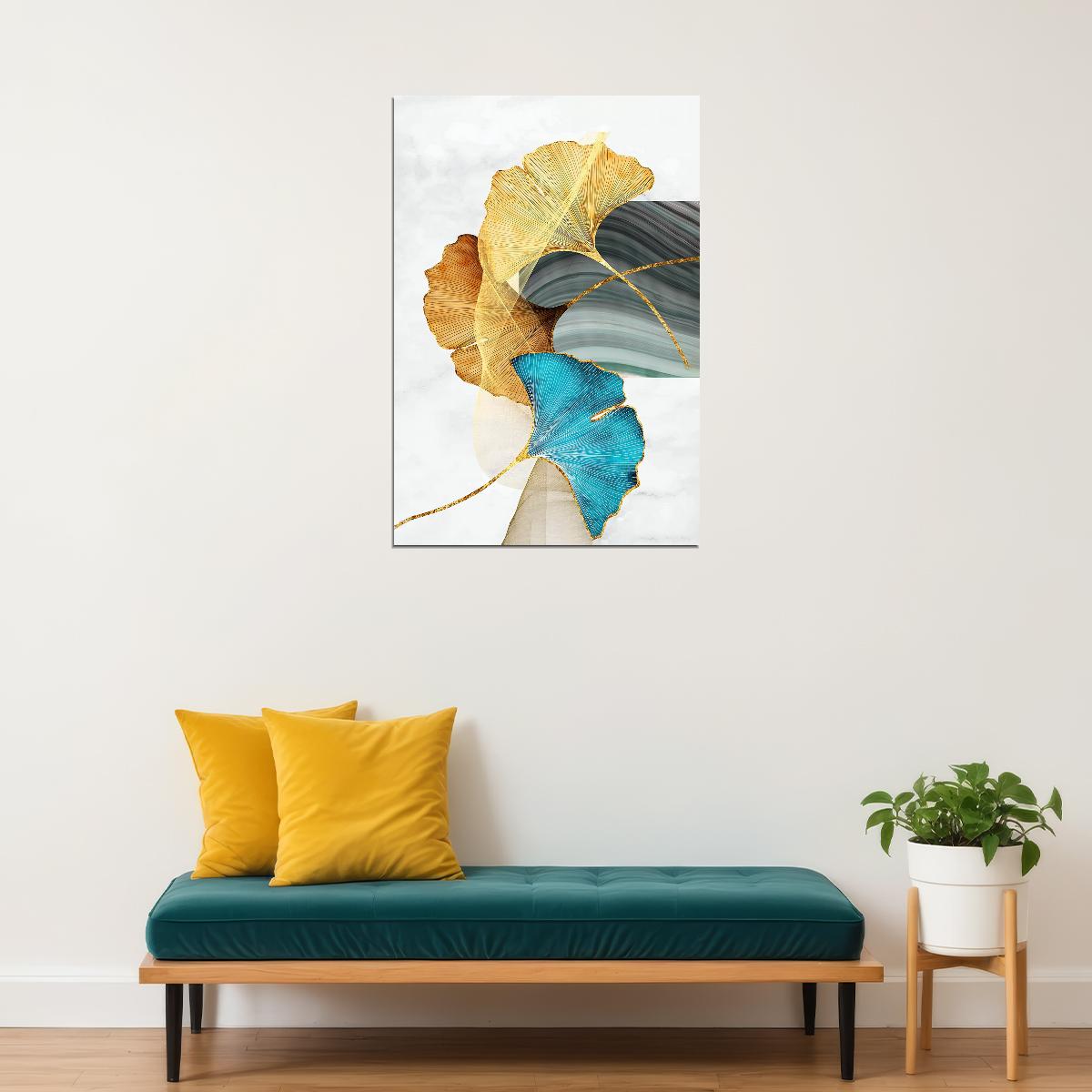 Elegant Ginkgo Leaf Poster Golden and Blue Botanical Nature Art Modern Wall Decor Print