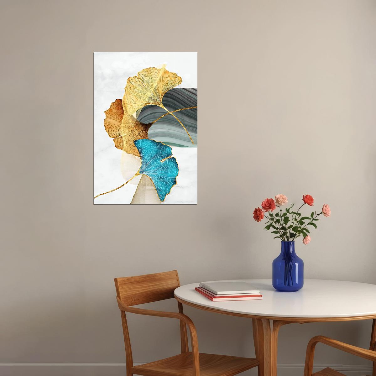 Elegant Ginkgo Leaf Poster Golden and Blue Botanical Nature Art Modern Wall Decor Print