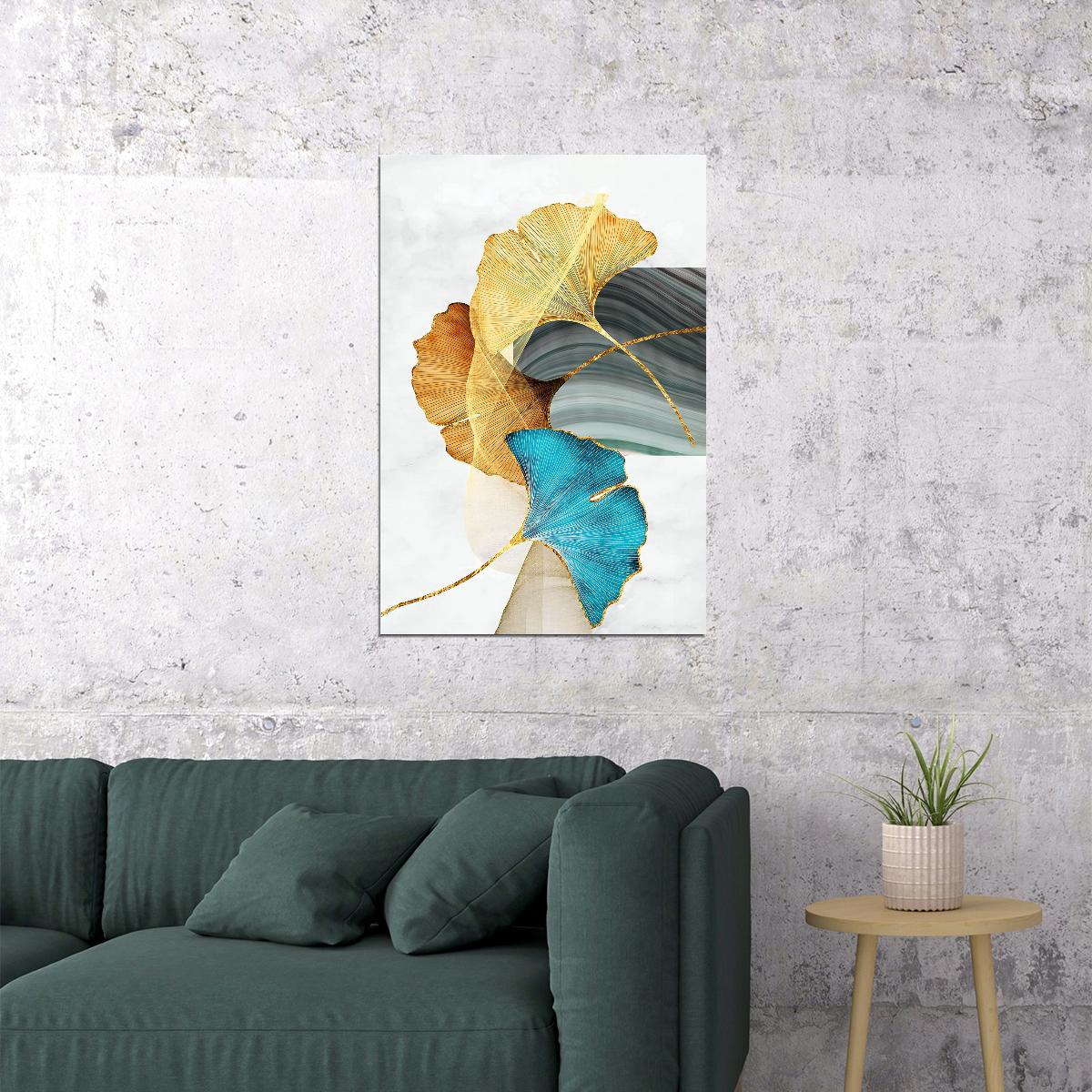 Elegant Ginkgo Leaf Poster Golden and Blue Botanical Nature Art Modern Wall Decor Print