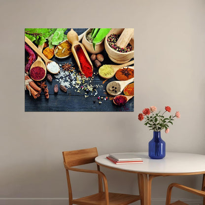 Spices and Herbs Poster Colorful Culinary Art Rustic Kitchen Wall Decor Print