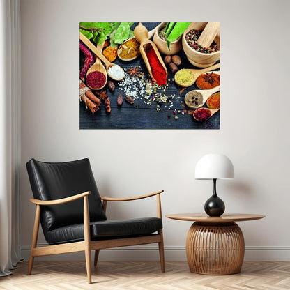 Spices and Herbs Poster Colorful Culinary Art Rustic Kitchen Wall Decor Print