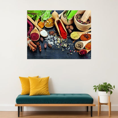 Spices and Herbs Poster Colorful Culinary Art Rustic Kitchen Wall Decor Print