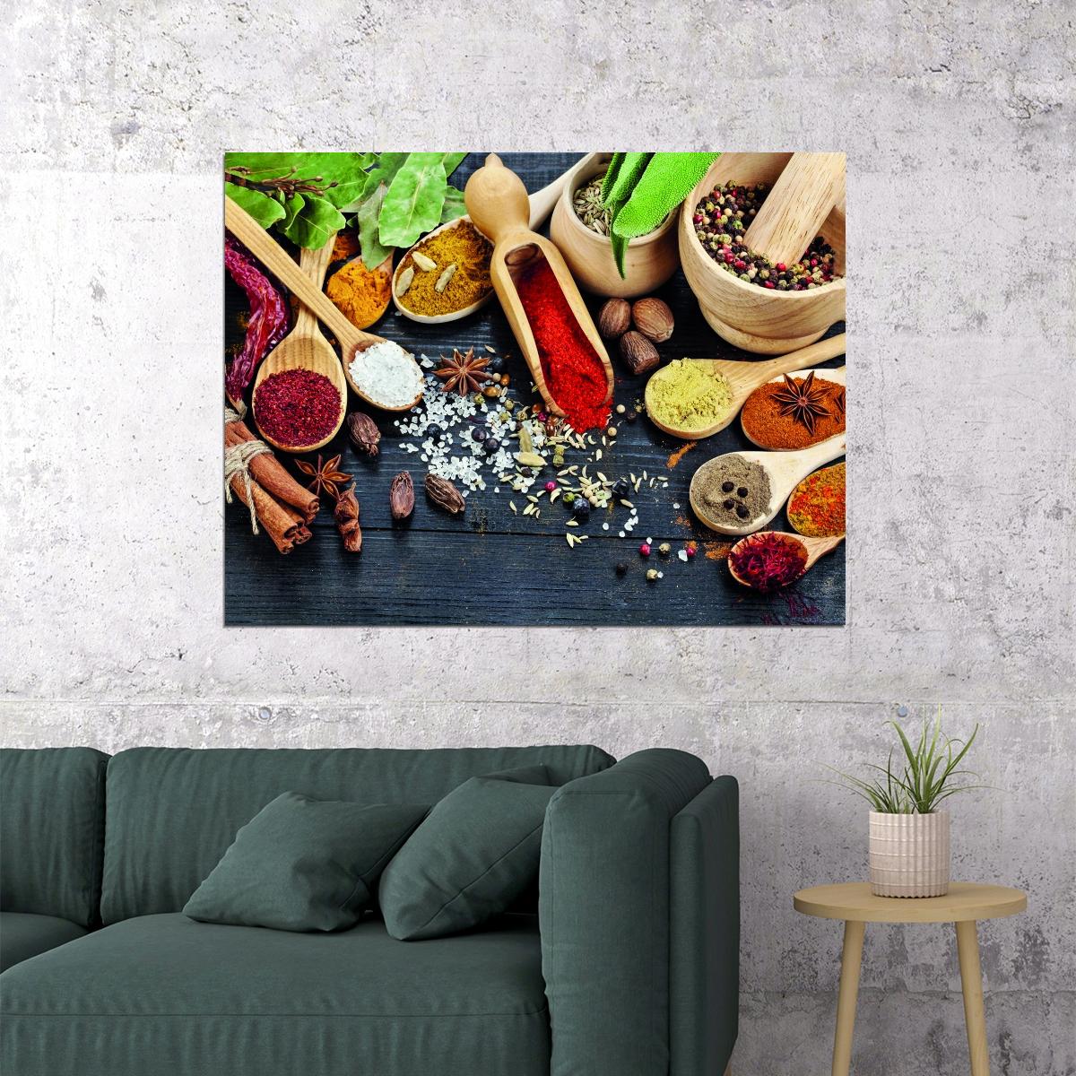 Spices and Herbs Poster Colorful Culinary Art Rustic Kitchen Wall Decor Print